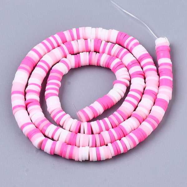 Handmade Polymer Clay Beads, Disc/Flat Round, Heishi Beads, Pink,6x1mm,  Hole: 2mm, about 380~400pcs/strand, 17.7 inch