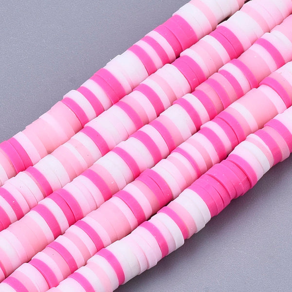 Handmade Polymer Clay Beads, Disc/Flat Round, Heishi Beads, Pink,6x1mm,  Hole: 2mm, about 380~400pcs/strand, 17.7 inch