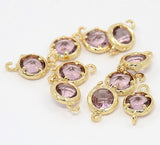 2pcs, 13x8x3.5mm Real Gold Plated Brass Glass Normal Links, 1/1loops, Faceted Flat Round, Plum