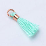 20pcs, 10~16x2mm, Cotton Tassel Pendant Decorations, With Unwelded Iron Jump Rings, Golden, Pale Turquoise