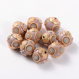 2pcs, 14~15x14~16mm, Round Handmade Indonesia Beads, with Rhinestones and Alloy Cores, Antique Golden, Tan