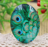 1pc, 30x40mm, Big Handmade Peacock Feather Photo Glass Cabochons, Oval